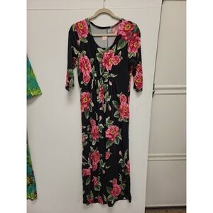 Flirty Pink Dress 1X Floral Maxi Black Pink Flowers‎ Print Womens Plus Size Gown